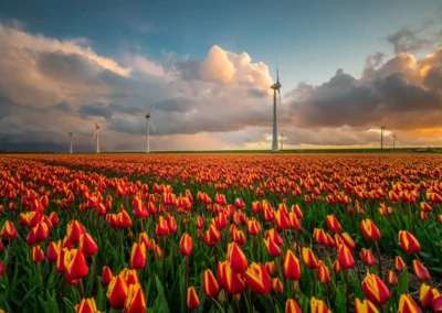 Vibrant tulip field in Noordoostpolder, Netherlands, showcasing a colorful array of red and yellow tulips under a clear blue sky
